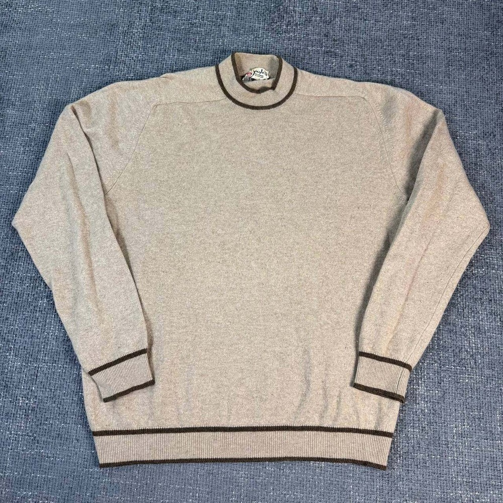 Pringle of Scotland Cashmere Mock Neck Sweater Mens XL Tan Brown Tipped Vintage